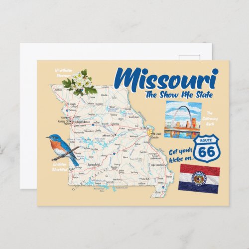 Missouri MO The Show Me State Map Arch Route 66 Postcard