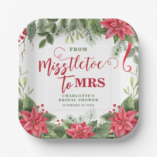 Misstletoe To Mrs Winter Poinsettia Bridal Shower Paper Plates (Front)