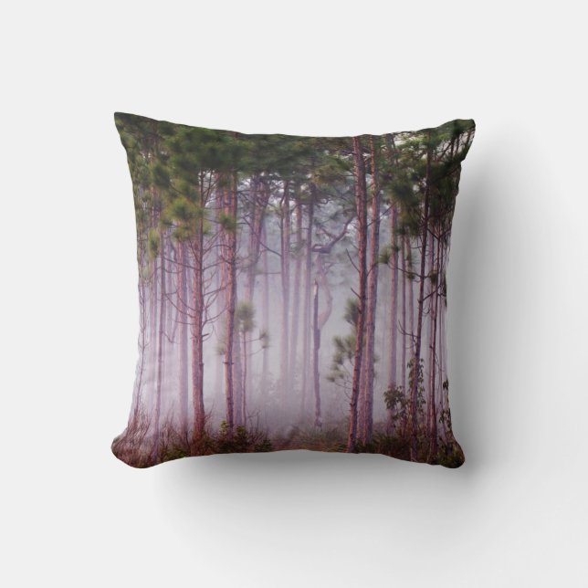 Mist among pine trees at sunrise, Everglades Throw Pillow (Front)