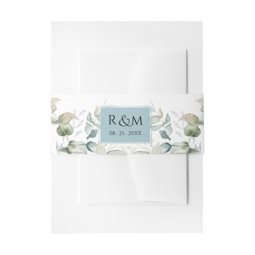 Mist Blue Eucalyptus Greenery Wedding Monogram In Invitation Belly Band