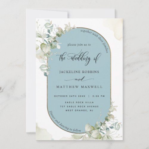 Mist Blue Eucalyptus Oval Arch Greenery Wedding Invitation