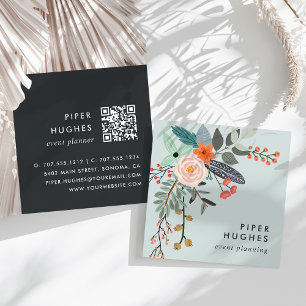 Mist Boho Floral QR Code Square Business Card