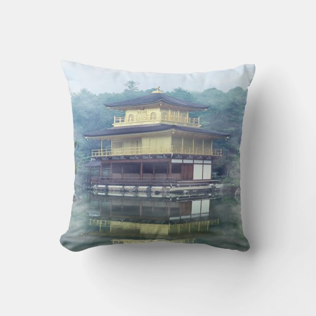 Mist on the Golden Pavilion at Kinkakuji Temple - Throw Pillow (Front)