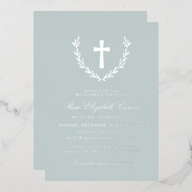 Mist Silver Wreath Cross Celebration of Life Foil Invitation (Front/Back)