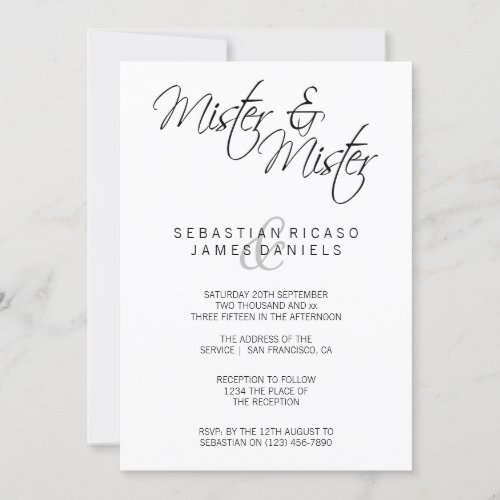 Mister And Mister Elegant Text Gay Wedding Invitation