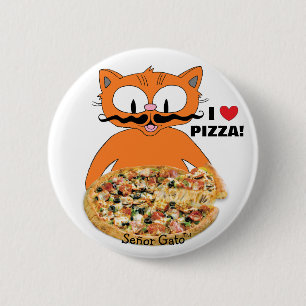 Mister Cat Cartoon Mustache Cat I Love Pizza! Button