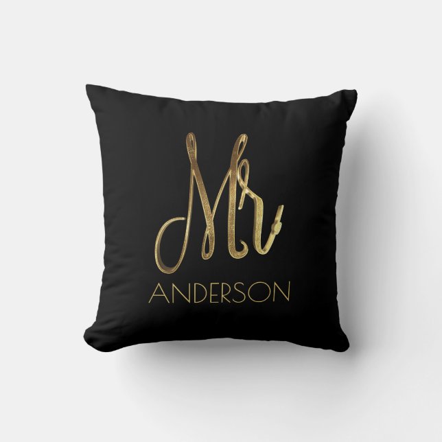 Mister Mr. Gold Look Typography Add Name Throw Pillow (Front)