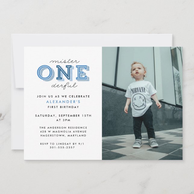 Mister Onederful 1st Birthday Photo Invitation (Front)