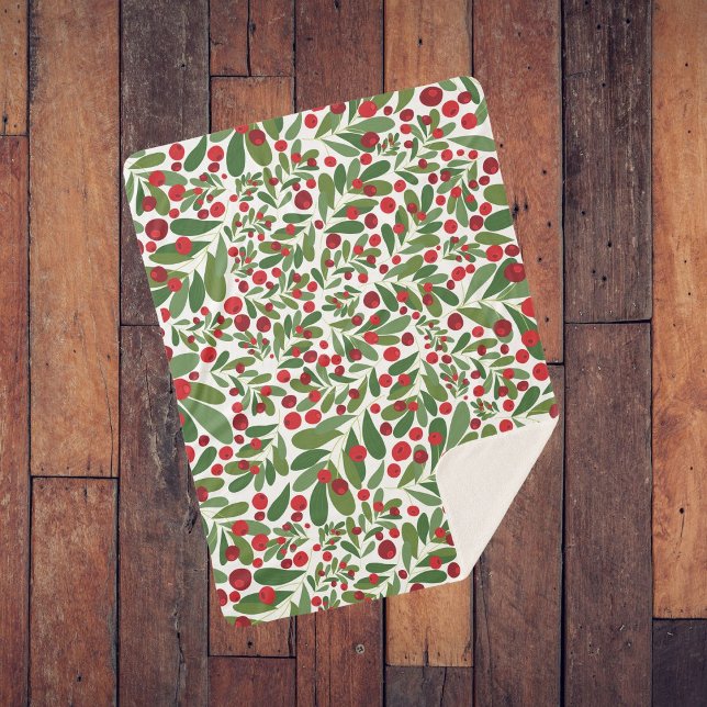 Mistletoe and Berries on White Background Sherpa Blanket (Creator Uploaded)