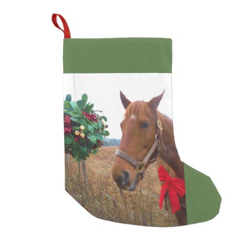 Mistletoe and brown horse red bow small christmas stocking
