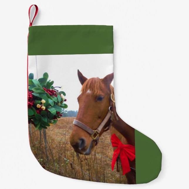 Mistletoe and brown horse red bow small christmas stocking (Front)