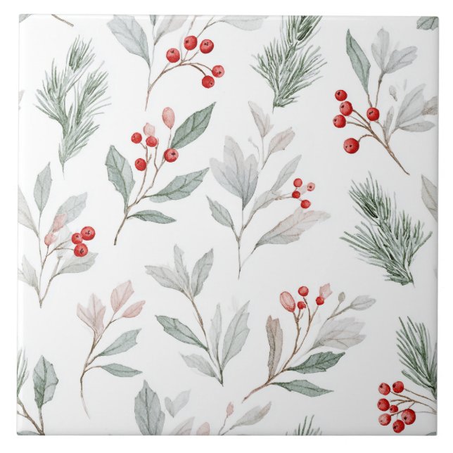 Mistletoe and Holly Berries Pattern Ceramic Tile (Front)