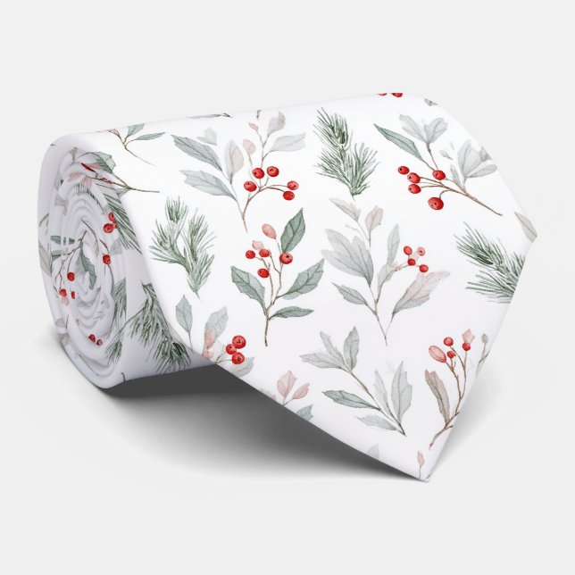 Mistletoe and Holly Berries Pattern Neck Tie (Rolled)