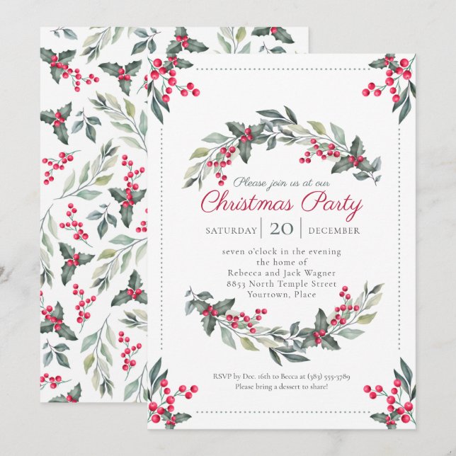 Mistletoe and Holly Christmas Holiday Party Invitation (Front/Back)