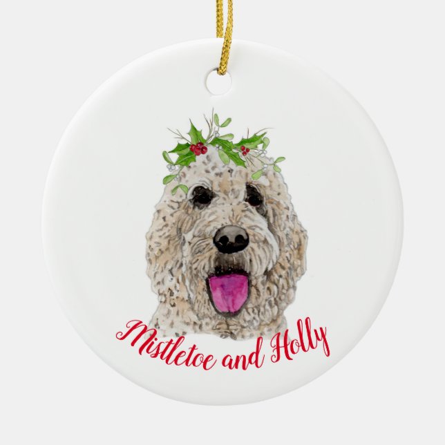 Mistletoe and Holly Golden Doodle Ornament (Front)