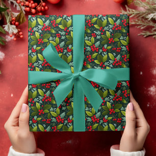 Mistletoe and Holly leaves Wrapping Paper