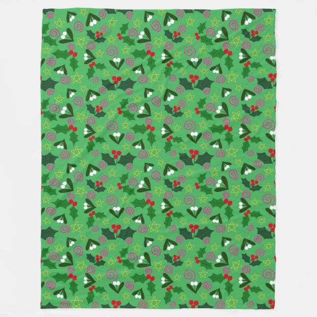 Mistletoe and Holly Winter Holiday Fleece Blanket (Front)