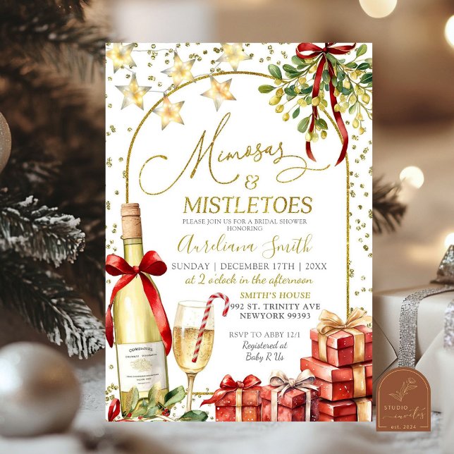 Mistletoe and Mimosas Champagne Bow Bridal Shower Invitation (Creator Uploaded)