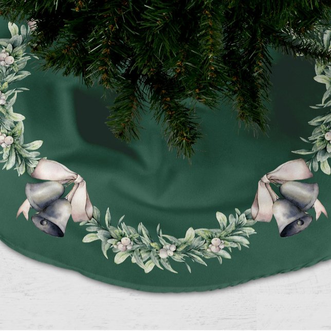 Mistletoe and Silver Balls Green  Brushed Polyester Tree Skirt (Mistletoe and Silver Bells Green Christmas tree skirt)
