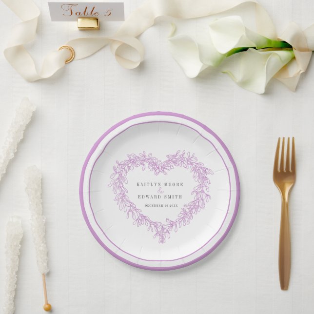 Mistletoe art purple gray white winter wedding paper plates (Wedding)