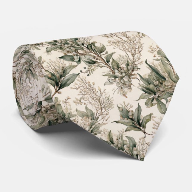 Mistletoe Botanical - Green Leaves, Branches Neck Tie (Rolled)