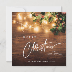 Mistletoe Branch Rustic Corporate Christmas Wood Holiday Card