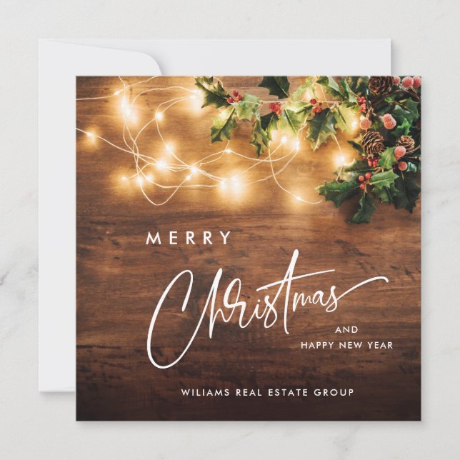 Mistletoe Branch Rustic Corporate Christmas Wood Holiday Card (Front)