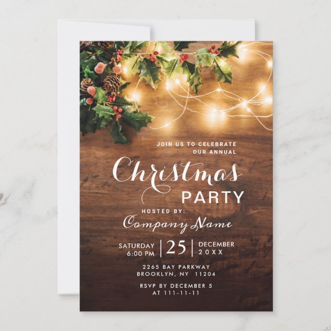 Mistletoe Branch Rustic Holiday Christmas Eve Wood Invitation (Front)