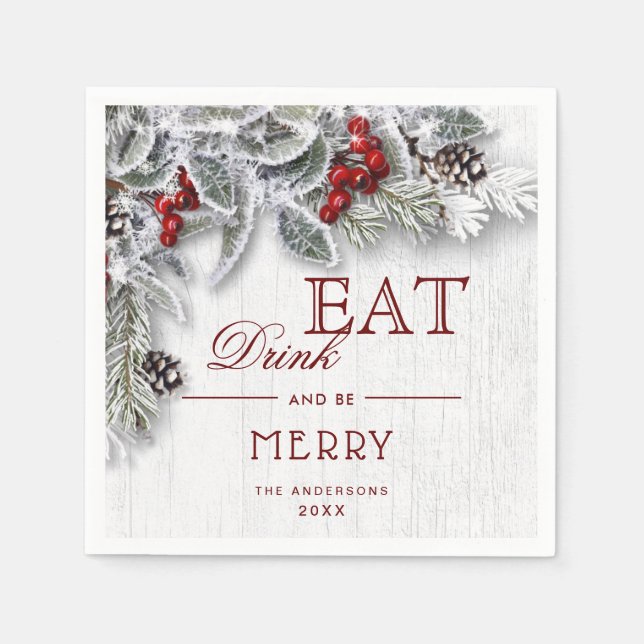 Mistletoe Branch Rustic Merry Christmas Holiday Napkins (Front)