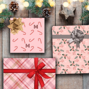 Mistletoe Candy Canes Plaid Custom Monogram Pink Wrapping Paper Sheets