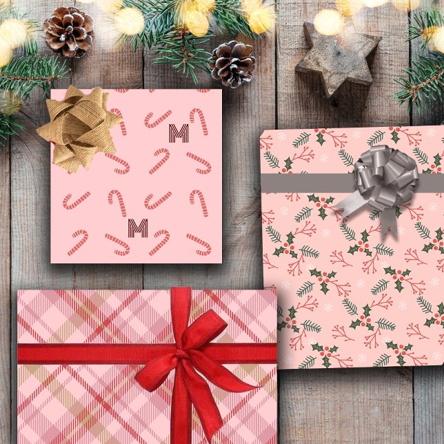 Mistletoe Candy Canes Plaid Custom Monogram Pink Wrapping Paper Sheets (Creator Uploaded)
