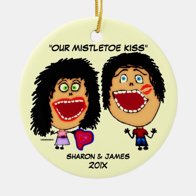 Mistletoe Cartoon Ceramic Ornament (Front)
