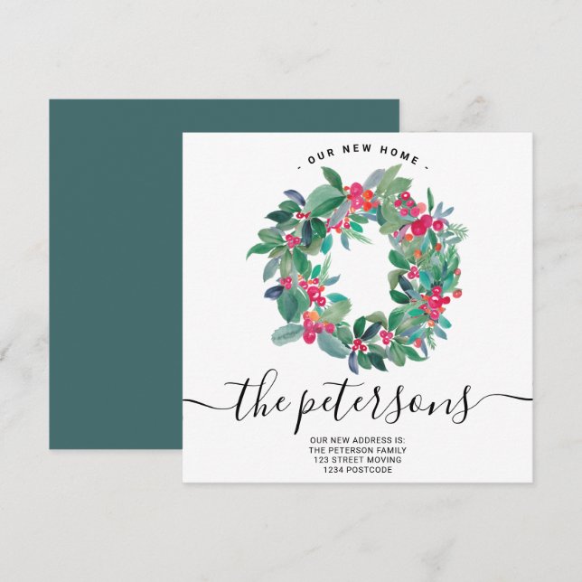 Mistletoe Christmas wreath watercolor moving Announcement (Front/Back)