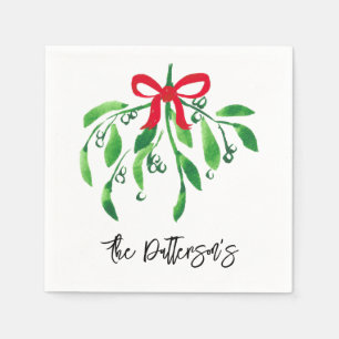 Mistletoe Couple Name Festive Red Green Kiss Napkins