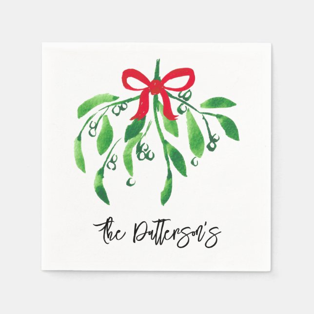 Mistletoe Couple Name Festive Red Green Kiss Napkins (Front)
