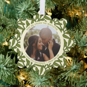 Mistletoe Couples Photo and Text Personalized Ornament Card