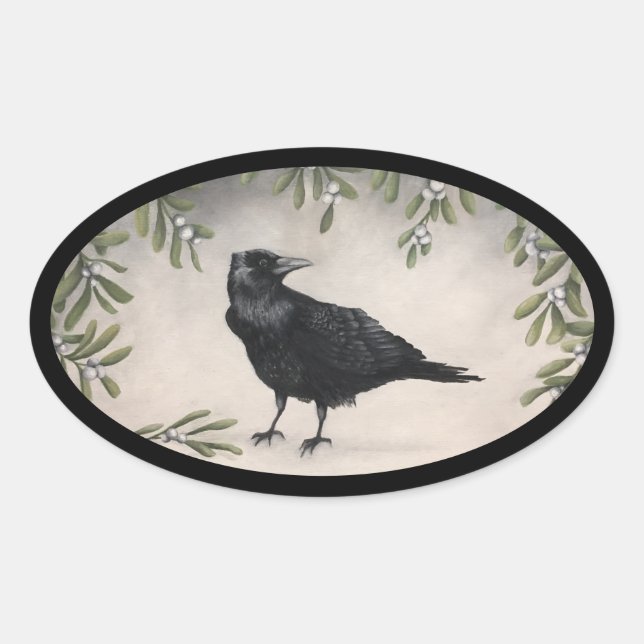 Mistletoe Crow Oval Sticker (Front)