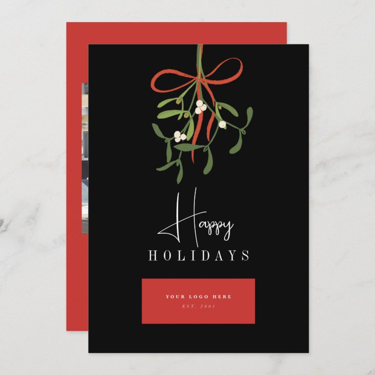 Mistletoe Custom Business Logo Red Black Holiday Card