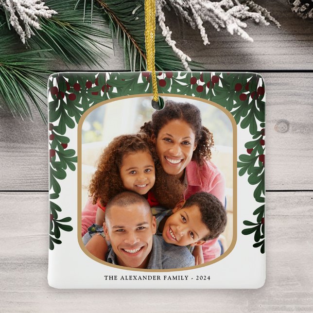 Mistletoe Foliage Rounded Frame 2 Photos Christmas Ceramic Ornament (Creator Uploaded)