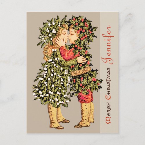 Mistletoe girl and holly boy kiss CC0781 Christmas Holiday Postcard