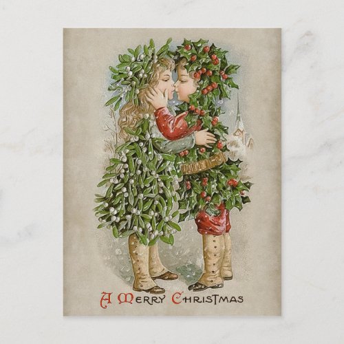 Mistletoe girl and holly boy kiss CC0784 Christmas Holiday Postcard