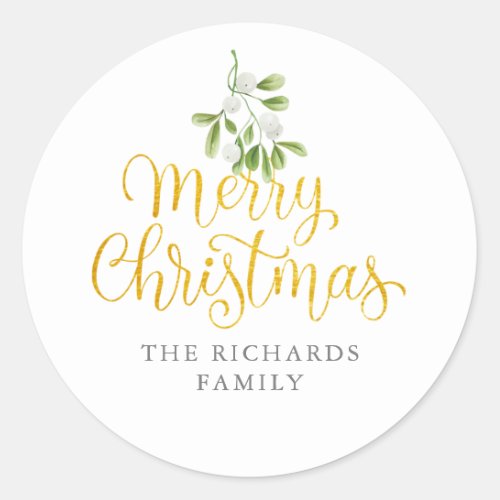 Mistletoe Gold Script Merry Christmas Family Name Classic Round Sticker