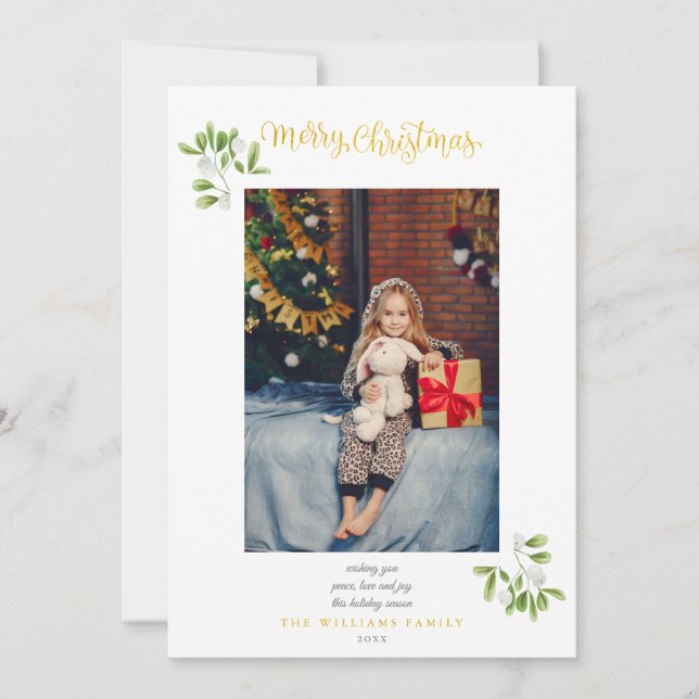 Mistletoe Gold Script Merry Christmas Photo Holiday Card (Front)