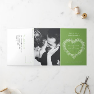 Mistletoe green white wedding meal option RSVP Tri-Fold Invitation