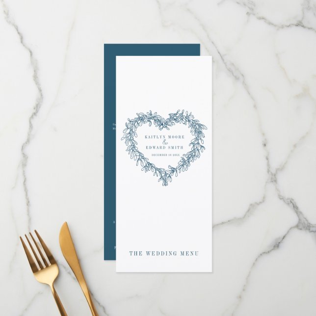 Mistletoe heart blue white wedding menus (Front/Back In Situ)