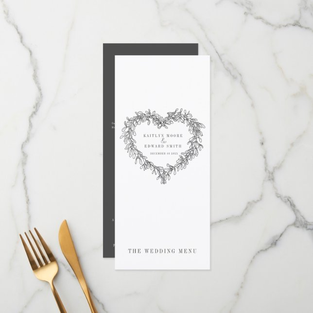 Mistletoe heart dark gray white wedding menus (Front/Back In Situ)
