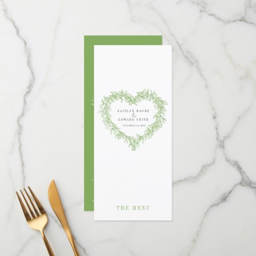 Mistletoe heart green white wedding menus