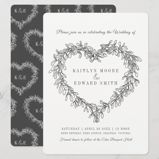 Mistletoe heart line art wedding dark gray white invitation (Front/Back)