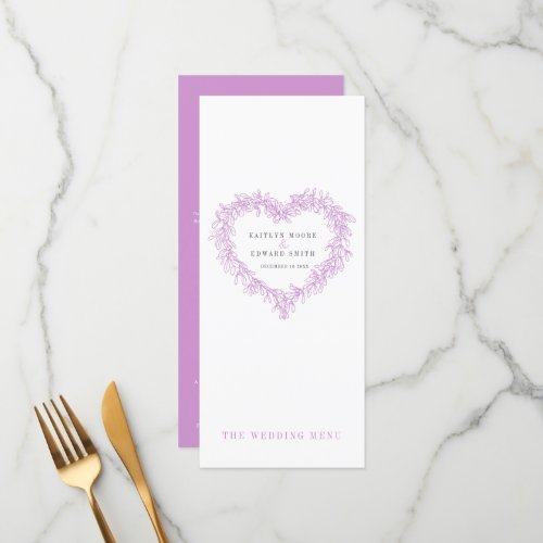 Mistletoe heart purple white wedding menus
