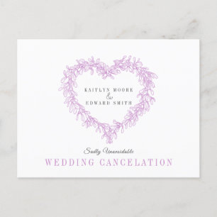 Mistletoe heart wreath purple wedding cancelation announcement postcard